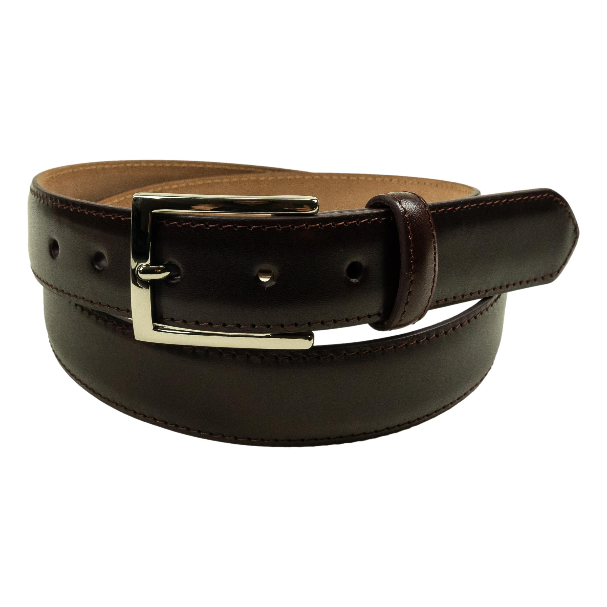 1 1/4" Glazed Calfskin Topstitch Belt with Nickel Buckle