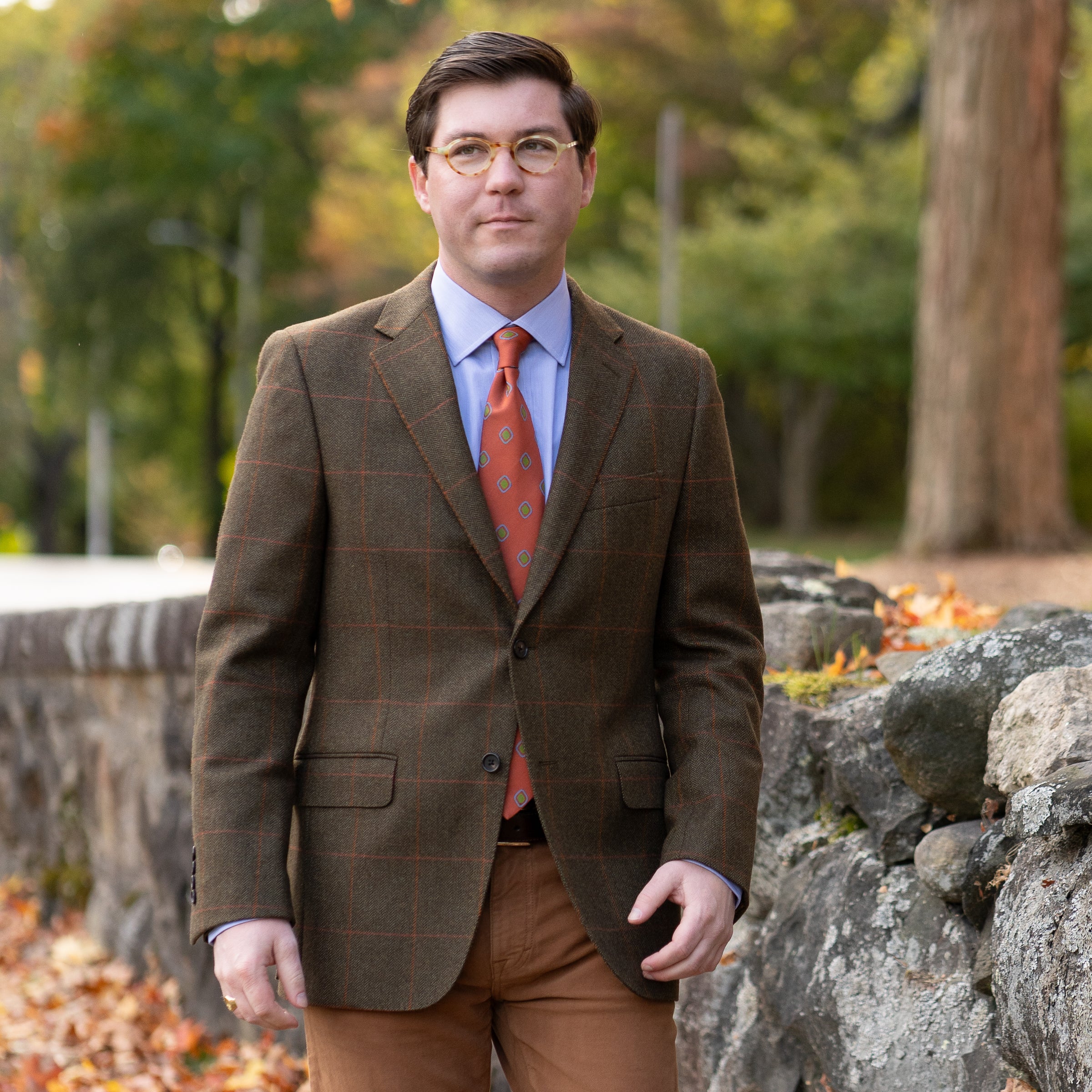 Brown Herringbone with Red and Orange Windowpane Wool Sport Coat