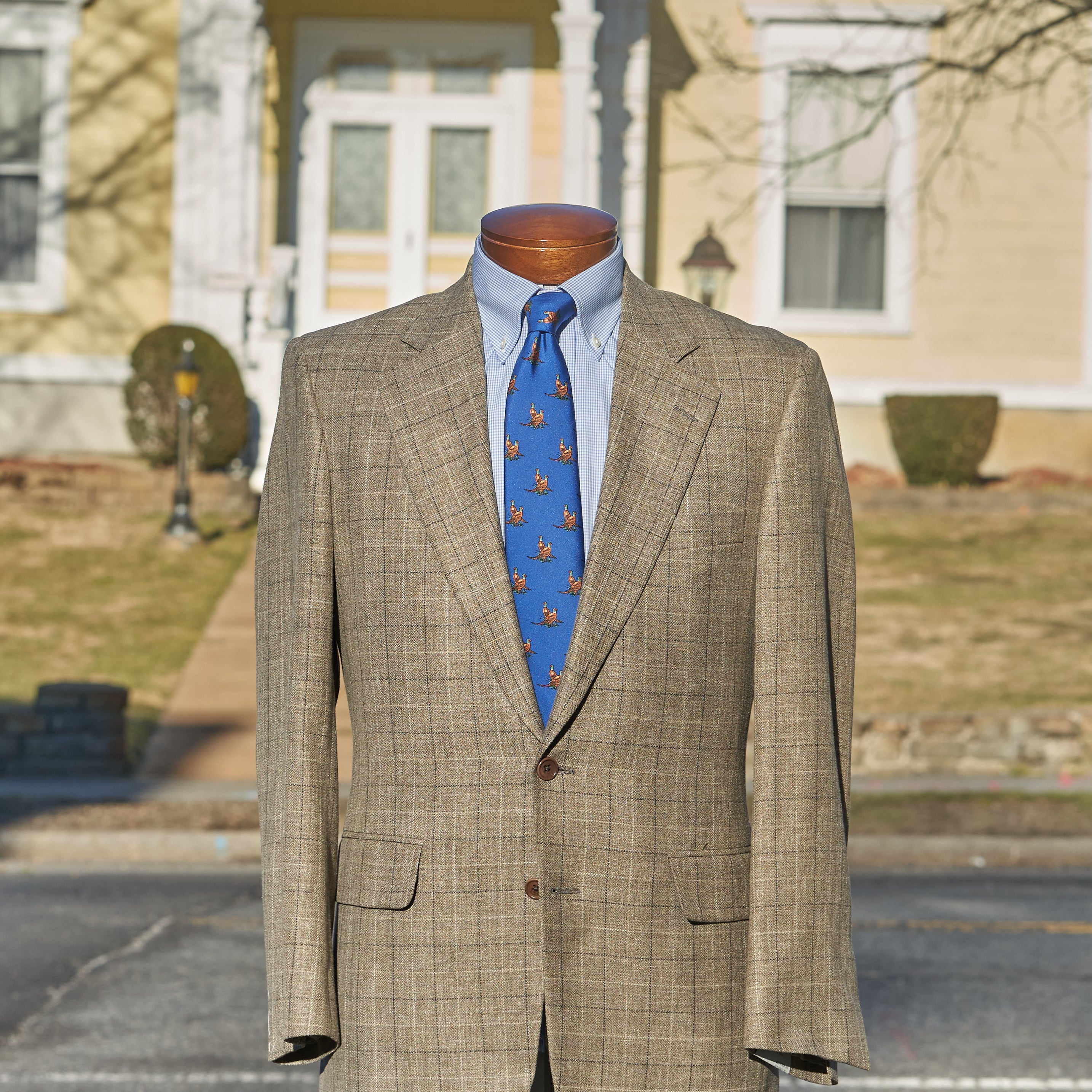 Tan with Blue Double Windowpane Wool, Cotton, and Silk Carlo